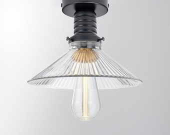 Ribbed glass light, flush mount ceiling lamp, housewarming gift, black metal utility glass light fixture, brutal glass pendant light