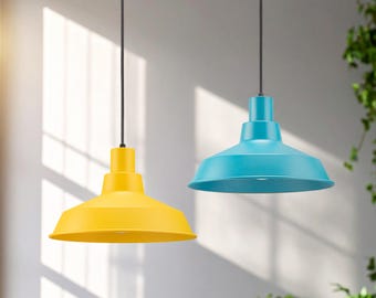 Metal pendant lamp to kitchen island, blue minimalist light fixtures, yellow ceiling light, cafe handing lamps, showroom industrial light