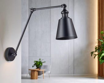 Adjustable Metal Swing Arm Bedside Sconce, Industrial Bedroom Mid Century Modern Lamp, Articulating Light