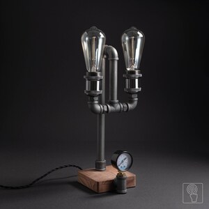 Vintage Desk Double Lamp, Edison Bulb Nightlight, Steampunk Table Light, Retro Bronze Metal Wooden Base Lamp, Touch Pipe Light image 5