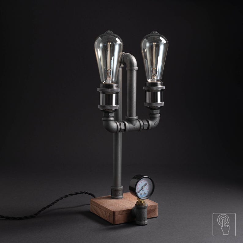 Vintage Desk Double Lamp, Edison Bulb Nightlight, Steampunk Table Light, Retro Bronze Metal Wooden Base Lamp, Touch Pipe Light image 5