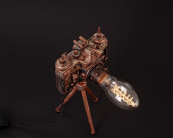 Vintage Camera Lamp with Tripod, Steampunk Edison Desk Light