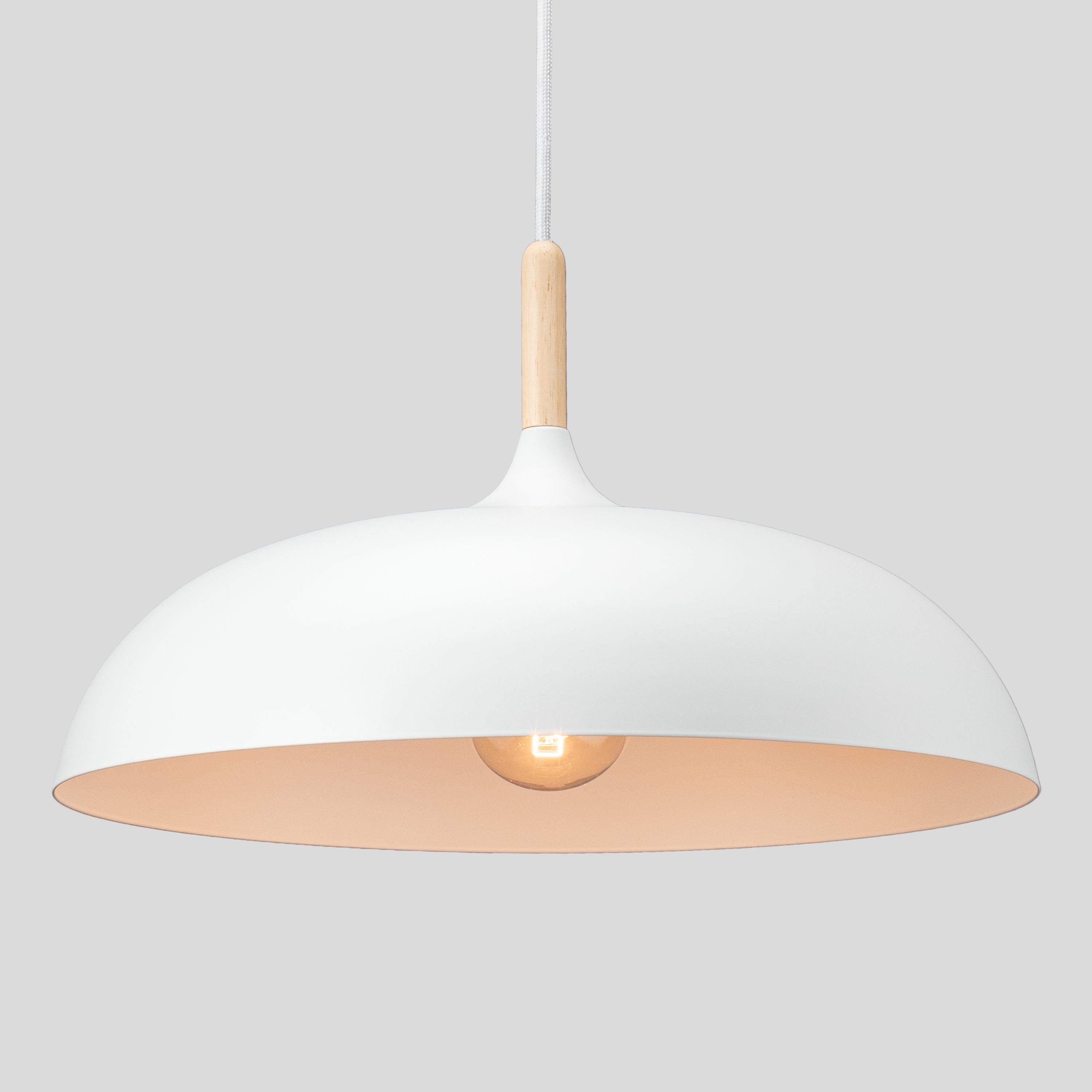 White pendant light in Scandinavian design, dome pendant lamp, Nordic style metal and wood pendant light, white big chandelier