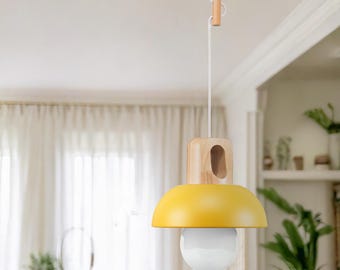 Yellow kids ceiling light, baby room pendant lamp, nursery lighting, playroom lamp, Nordic style metal hang lamp