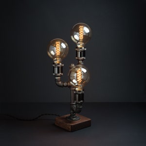 Wood Edison Lamp/ 3 lights table lamp/ Steampunk pipe lamp/ industrial lighting pendant/ Pipe Desk Lamp/ Modern bronze lamp