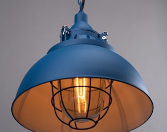 Blue Industrial Iron Cage Light with Chain, Loft Ceiling Fixture, Men Cave Lamp