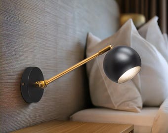 Long round wall sconce, black bedside wall lamp, designer adjustable wall light to bedroom, living room mustard brass, blue light fixtures