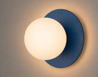 Modern Blue Glass Wall Light, Matte Globe Sconce, Plug-in Bedside or Vanity Lamp