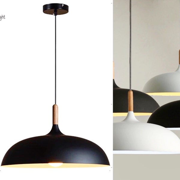 Dome Black Pendant Light Fixture with Wood Decor Scandinavian Style