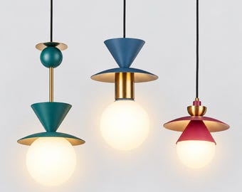 Pendant Light with White Globe, Colorful Sculptural Geometric Accent for Eclectic Interiors