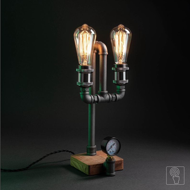 Vintage Desk Double Lamp, Edison Bulb Nightlight, Steampunk Table Light, Retro Bronze Metal Wooden Base Lamp, Touch Pipe Light image 1