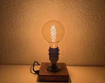 Wooden Industrial Desk Light with Dimmer, Touch Control, Wood Base, Man Cave Ambient Lighting, Industrial Retro Vintage Design Modern Lamp