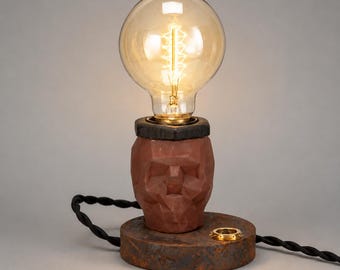 Geometric Skull Table Lamp, Industrial Steampunk Metal Wood Accent Light, Christmas Gift