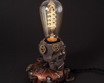 Handmade Steampunk Skull Table Lamp, Gothic Desk Light with Gears