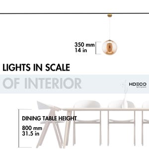 May include: A pendant light with a spherical amber glass shade, 14 inches (350 mm) in diameter, hangs from a gold-colored ceiling fixture. The image also shows a dining table with a height of 31.5 inches (800 mm). The text reads "LIGHTS IN SCALE OF INTERIOR."