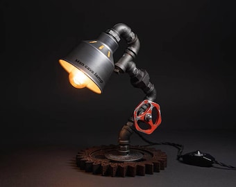 Steampunk Table Lamp, Industrial Pipe Light, Wood Base, Metal Art Decor