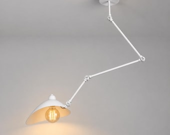 Geometric Architectural Hanging Lamp, White Industrial Swing Arm Pendant Light, Adjustable Ceiling Lamp