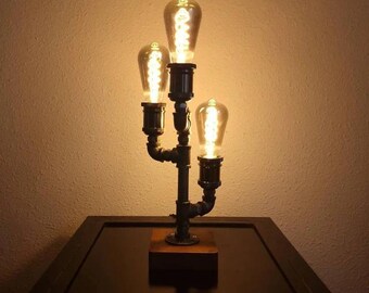 Steampunk Wood and Metal Edison Lamp, 3-Light Industrial Pipe Desk Light Fixture, Personalized Milestone Gift