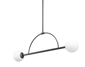 Modern Scandinavian Chandelier, Two White Glass Ball Shades, Metal Pendant Light