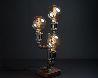 Wood Edison Lamp/ 3 lights table lamp/ Steampunk pipe lamp/ industrial lighting pendant/ Pipe Desk Lamp/ Modern bronze lamp