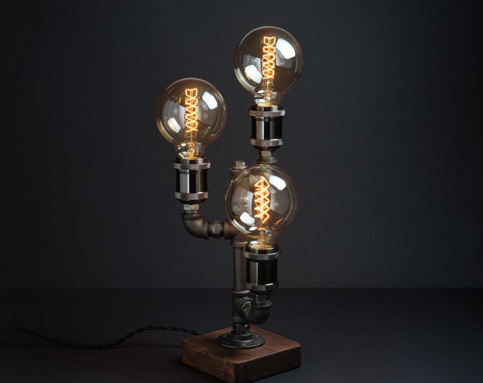 Wood Edison Lamp/ 3 lights table lamp/ Steampunk pipe lamp/ industrial lighting pendant/ Pipe Desk Lamp/ Modern bronze lamp
