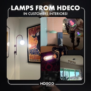The image is a collage of various interior design elements, including lamps, posters, and other decorative items, showcasing HDeco lighting products.