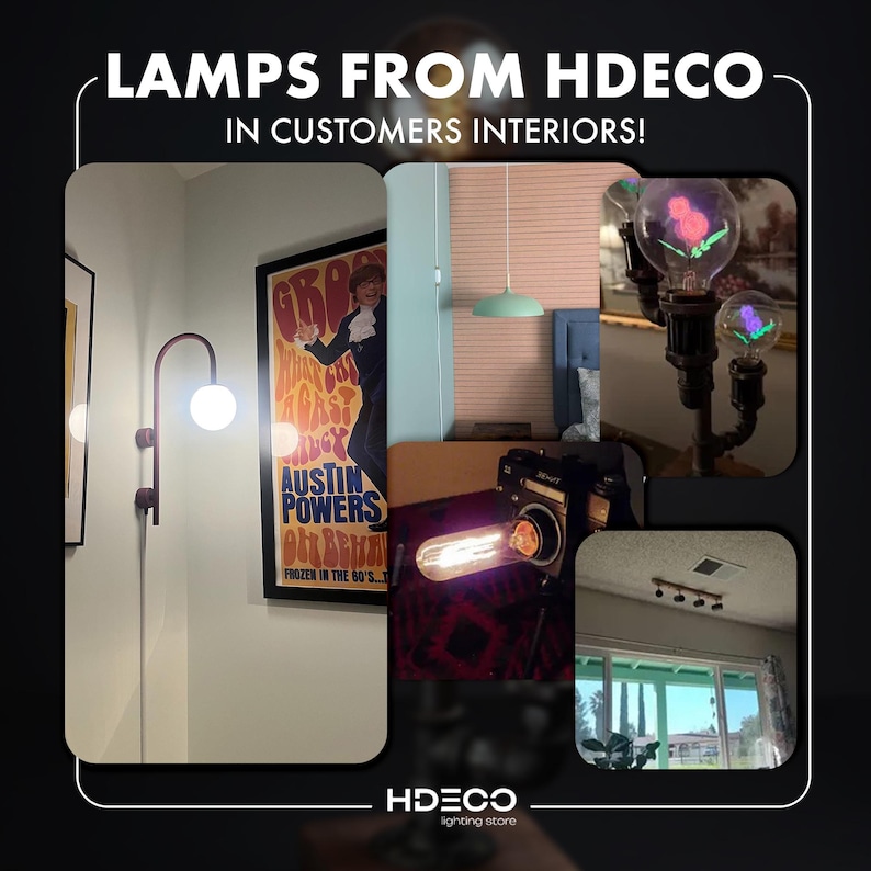 The image is a collage of various interior design elements, including lamps, posters, and other decorative items, showcasing HDeco lighting products.