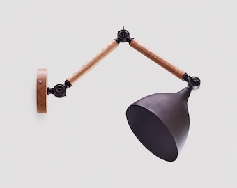 Adjustable Wood Metal Swing Arm Wall Lamp, Scandinavian Nordic Loft Sconce, Articulating Light