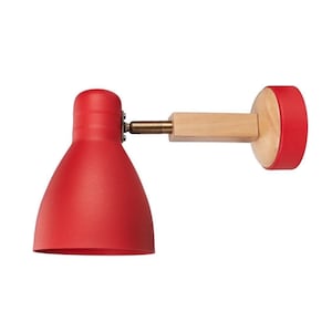 May include: A red wall-mounted lamp with a conical shade and a wooden arm. The lamp's shade and the end of the arm are red, while the arm is made of natural wood. The lamp is designed for indoor use.