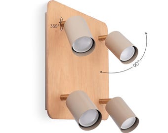 Wooden style ceiling spotlight with 4 lampshades by 90degrees, minimalist cube lighting, Scandinavian wall sconce, spotlight light fixtures