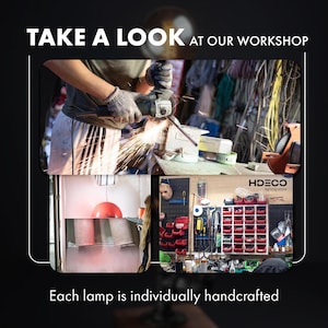 The image is a collage of three photos depicting a workshop, with a focus on a person working on a project. The text overlay encourages viewers to "Take a look at our workshop" and highlights that each lamp is individually handcrafted.