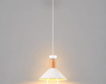 White Pendant Light with Wood Accent, Nordic Ceiling Lamp, Contemporary Kitchen Island Handmade Lighting