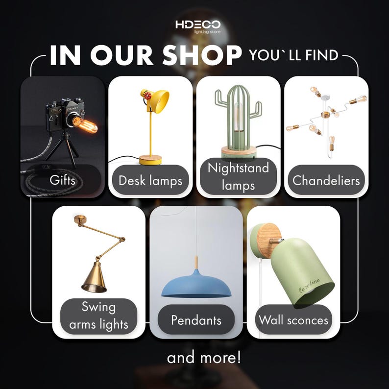 The image is a collage of six different lamp designs, including a camera, a cactus, a desk lamp, a chandelier, a swing arms light, and a pendant light.