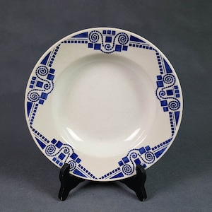 PUBLEX Art Deco earthenware soup plates X4 blue geometric pattern Shabby Chic French vintage image 1