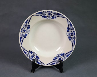 PUBLEX- Assiettes creuses en faïence Art déco (X4) - motif géométrique bleu- Shabby Chic - French vintage