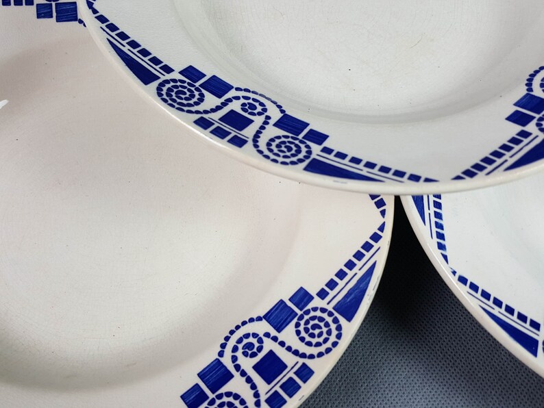 PUBLEX Art Deco earthenware soup plates X4 blue geometric pattern Shabby Chic French vintage image 7