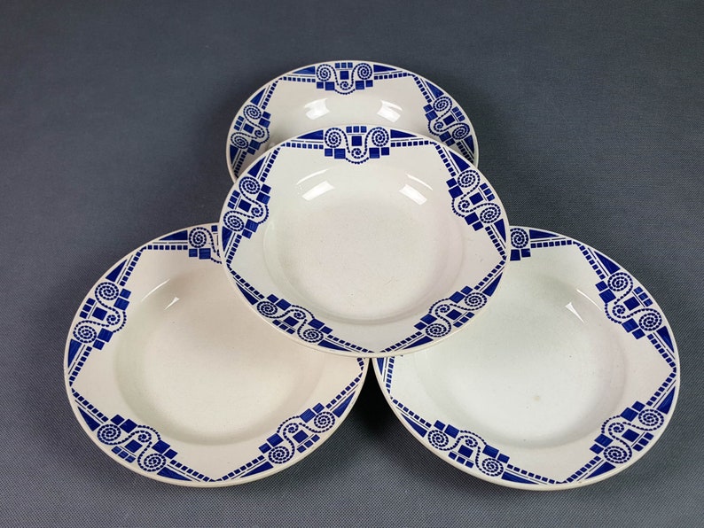 PUBLEX Art Deco earthenware soup plates X4 blue geometric pattern Shabby Chic French vintage image 6