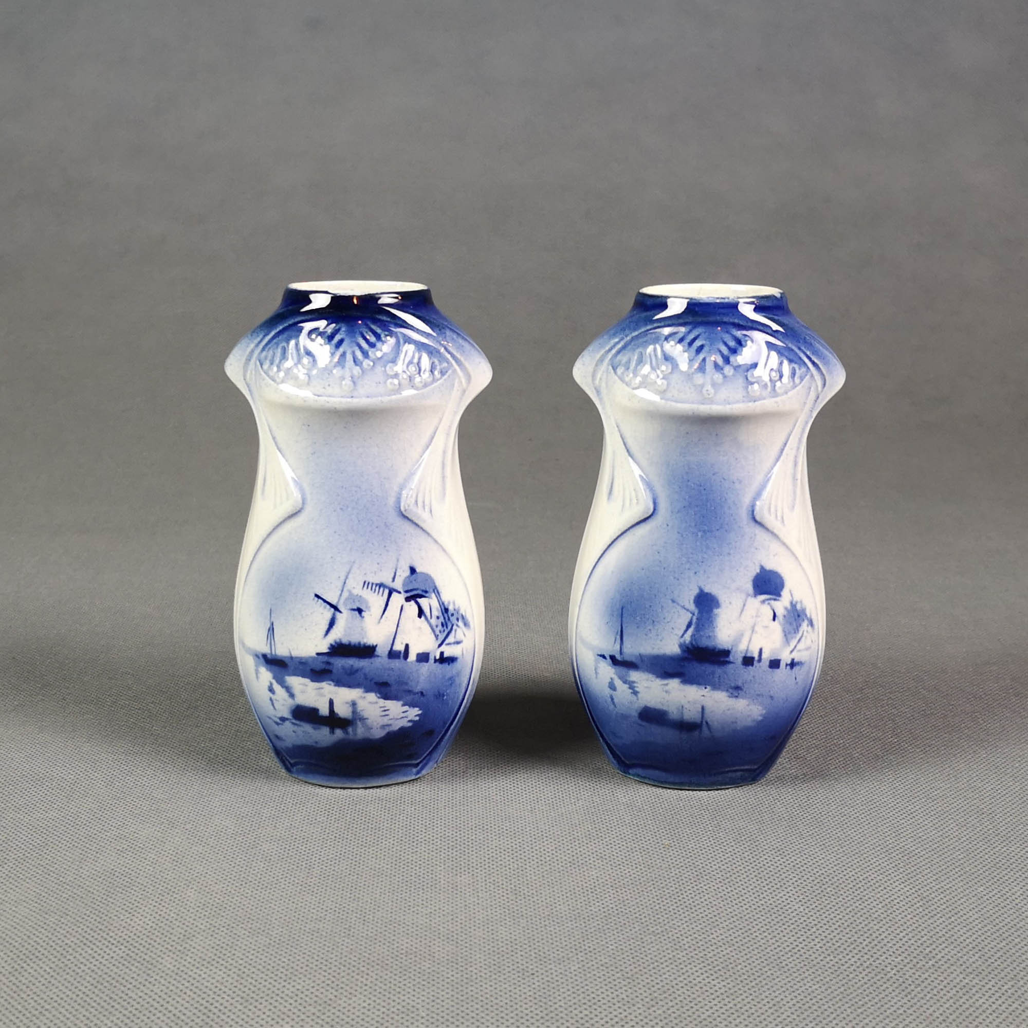 Paire de Vases Art Nouveau en Faïence - Décor Paysage Moulins Années 20 Très Bel État -French Vintag