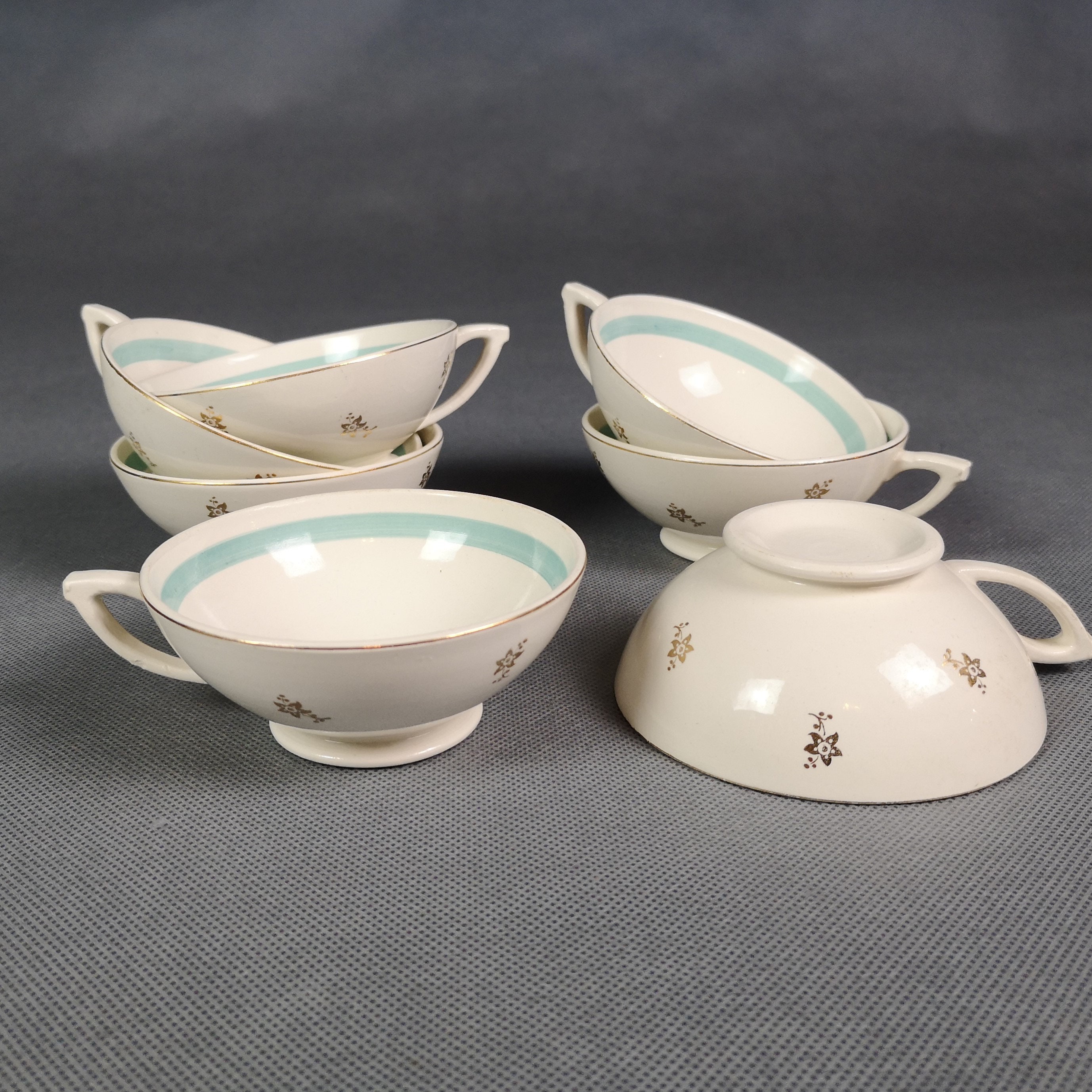 Service à Café Céladon - Demi Porcelaine French Vintage 7 Tasses, Verseuse Café, Pot Lait