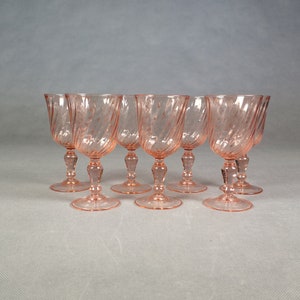 Set of 6 Rosaline Vintage Pink Glass Red Wine Glasses - 14.5cm Pink Depression Glass - Arcoroc by Luminarc 70&#39;s