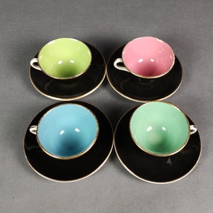 DIGOIN series of 4 cups and saucers - Two-tone gold border - Digoin Sarreguemines France 50&#39;s earthenware - French coffee service