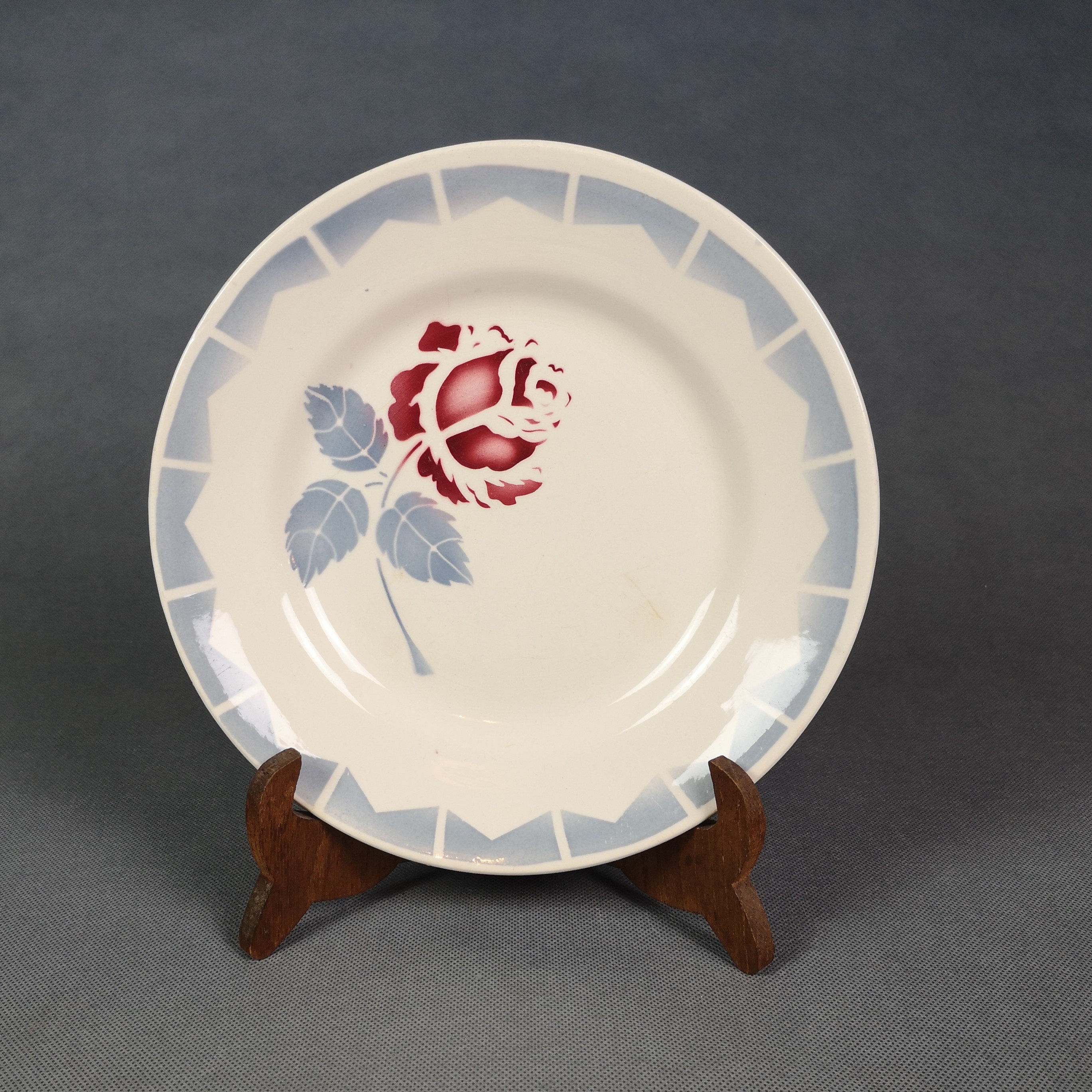 Assiettes Plates | x6 Niderviller. Motif Floral et Liseré Bleu-Gris. Modèle Marte - French Vintage V