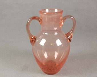 Pink bubble glass vase with Art Deco handles - Pink Depression Glass