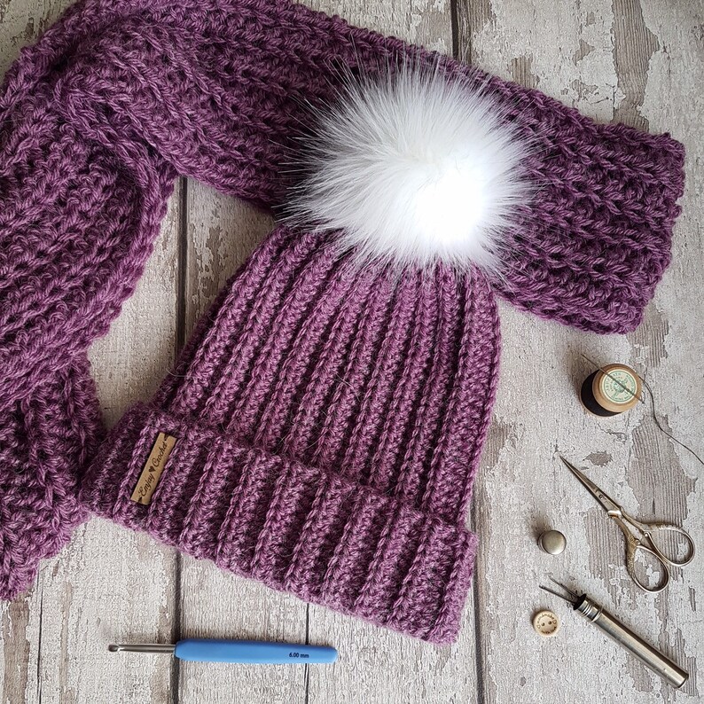 PDF Crochet Pattern Infinity Scarf Written Instructions Pom Pom Hat and Scarf Set Ladies Beanie Bobble Hat