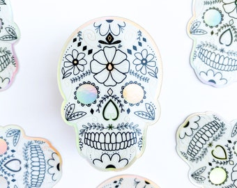 Sugar Skull Holographic Sticker | Skull Sticker | Skull Vinyl Sticker | Sugar Skull | Floral Skull Sticker | 2x3in