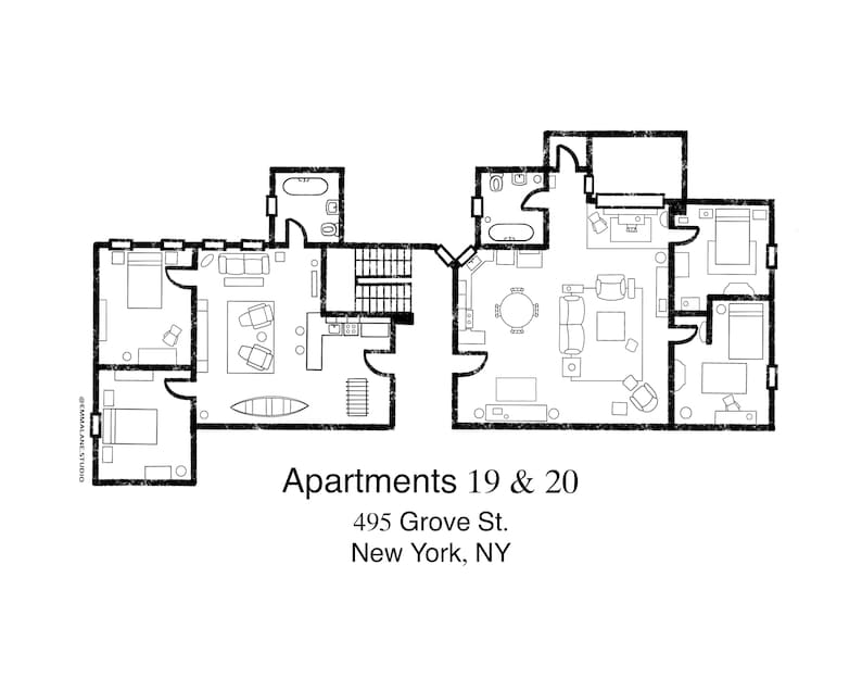 Puede incluir: Plano de planta en blanco y negro de dos apartamentos, etiquetado como "Apartments 19 & 20", "495 Grove St." y "New York, NY".