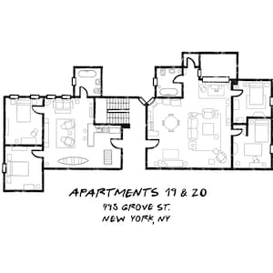 Puede incluir: Un plano de planta en blanco y negro de dos apartamentos, etiquetado como "Apartments 19 & 20, 495 Grove St., New York, NY". El plano de planta muestra la disposici&oacute;n de cada apartamento, incluyendo dormitorios, ba&ntilde;os, salas de estar y cocinas.