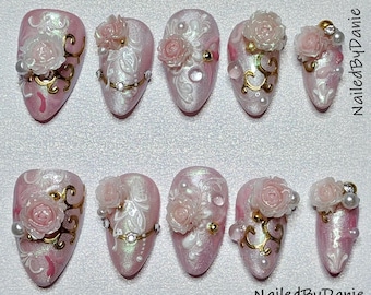 Rosas 3D / Detalles de encaje blanco en relieve / Set de uñas / Set de uñas para los pies opcional /