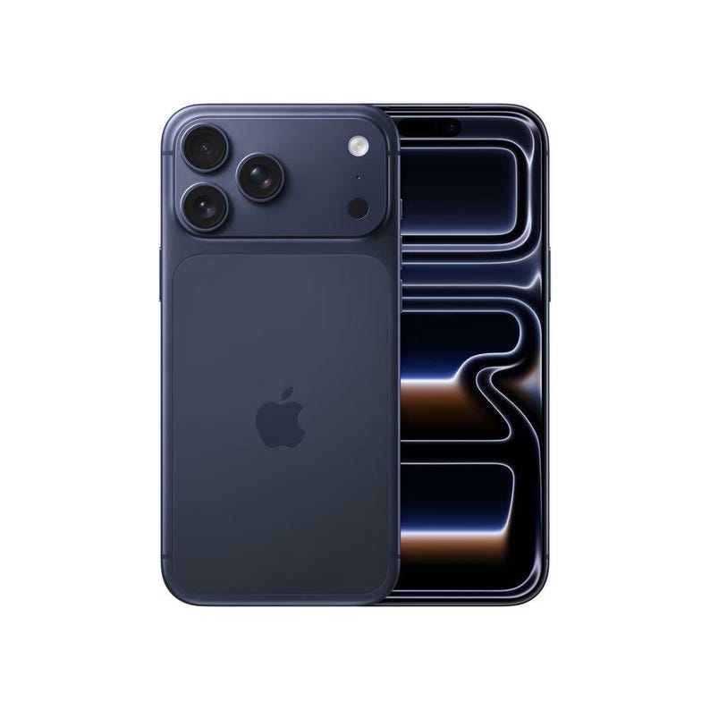 Puede incluir: Un smartphone azul oscuro con un sistema de c&aacute;mara de triple lente y un dise&ntilde;o elegante. La parte trasera del tel&eacute;fono presenta el logotipo de Apple. La pantalla muestra una interfaz digital con l&iacute;neas brillantes y un degradado.