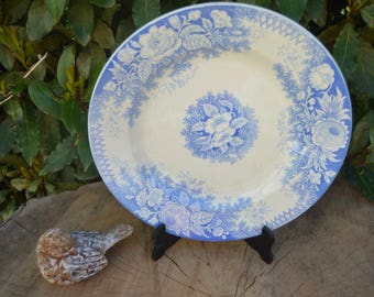 Lovely Vintage French purple violine flowers birds medlars small round platter dish terre de fer